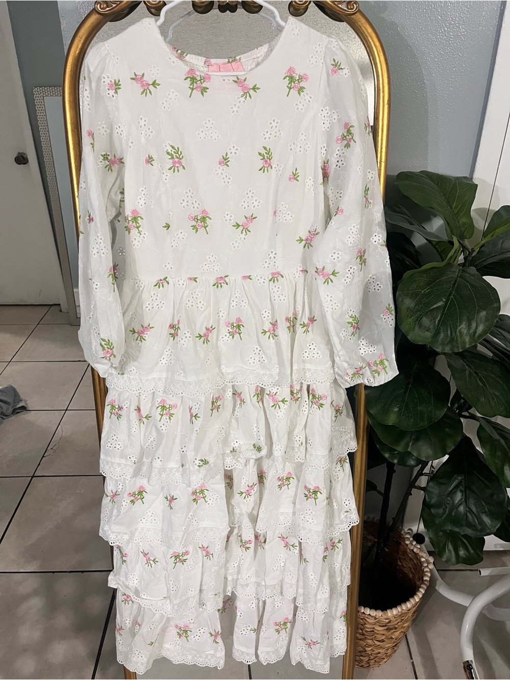 White Eyelet Maxi Dress with Pink Floral Embroidery